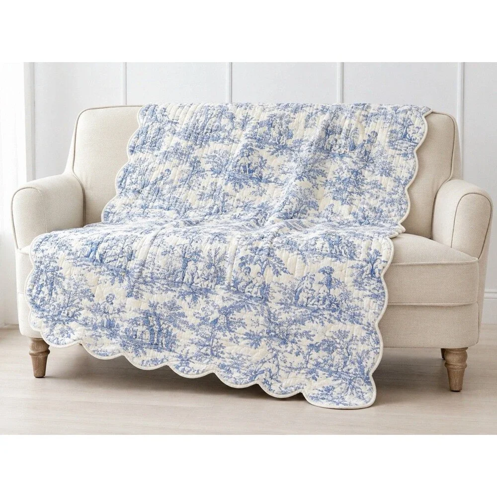 Klass Systems Blue White Toile Quilted Throw 48x58 Scalloped French Country EUC